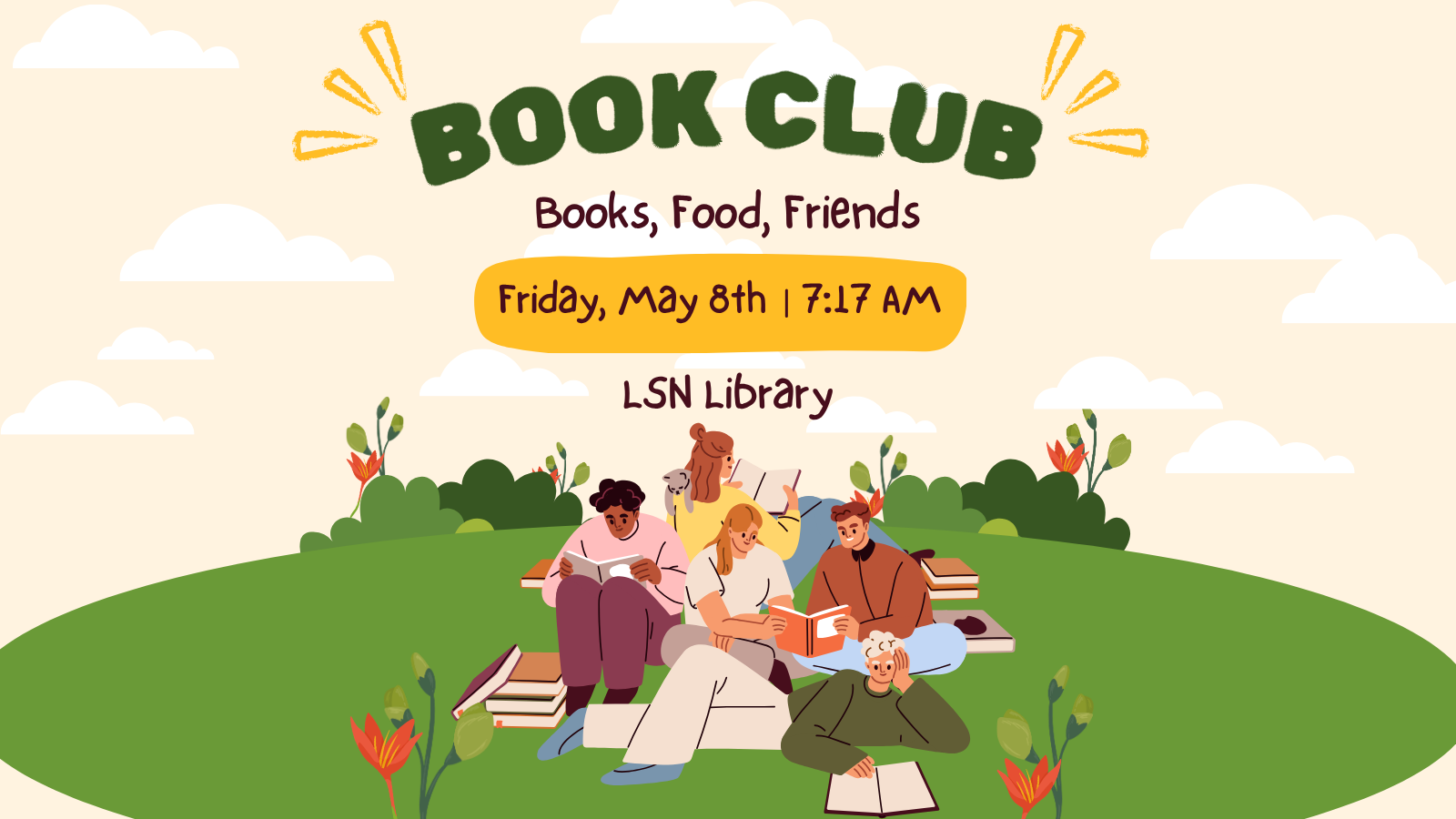 Book club meeting Friday, May 8th at 7:17AM in the Library