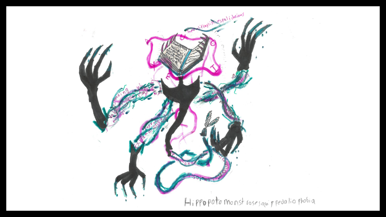 Original Art by student Nathan R. features a creature representing the fear of long words